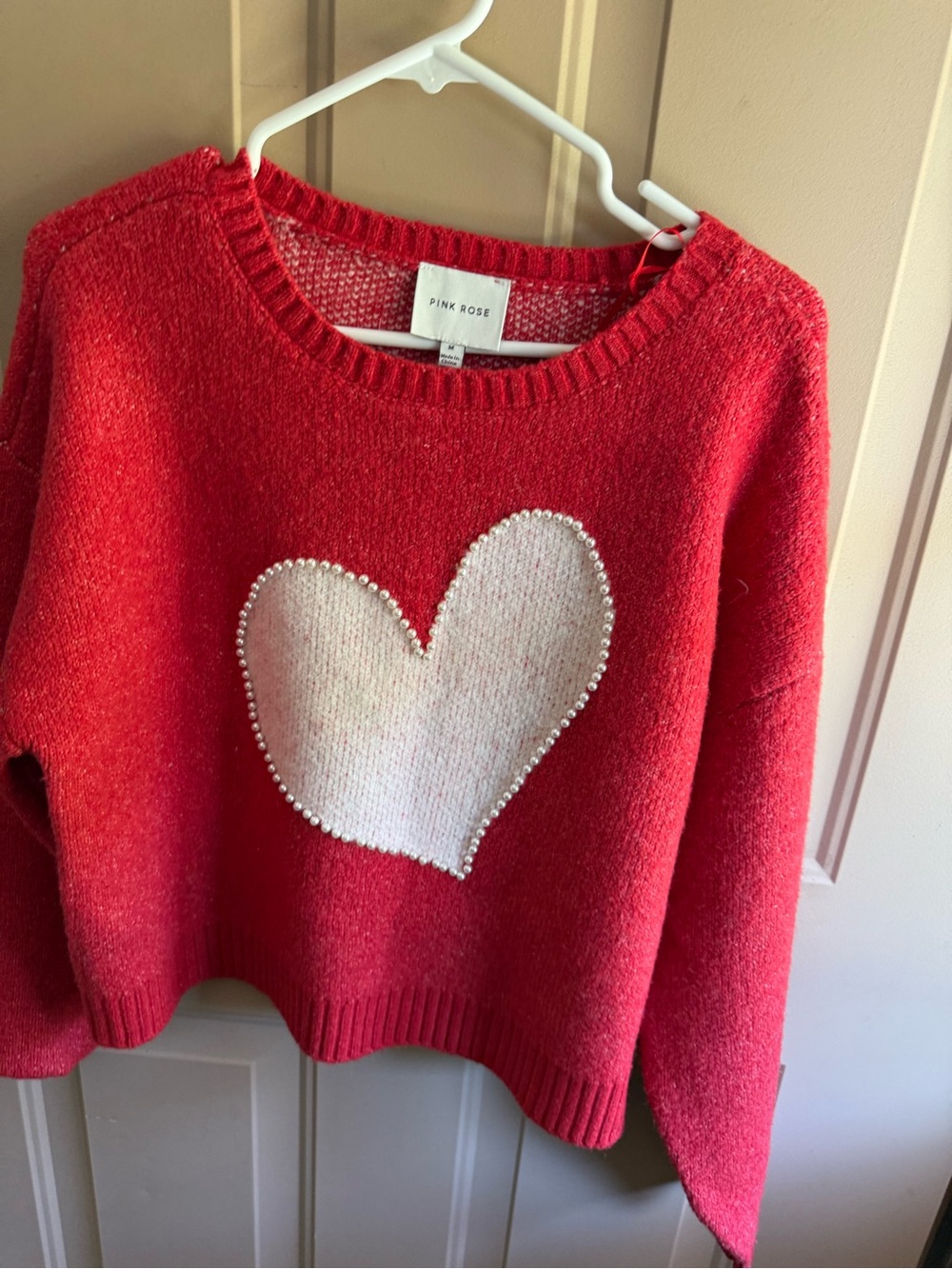 Pink Rose Red Crewneck Sweater with White Heart and Pearl Trim